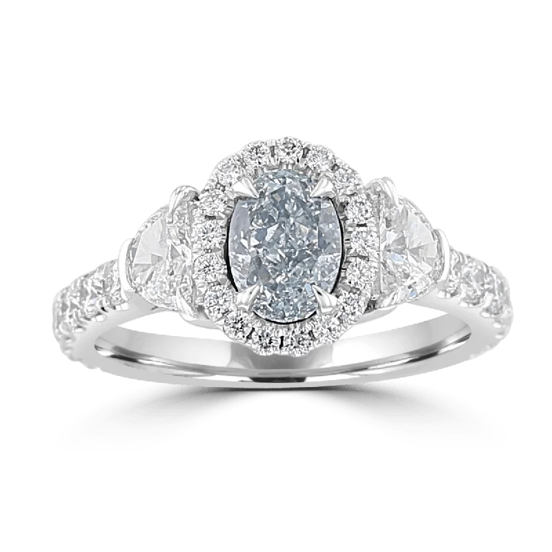 Ladies rings root radiance -JULEVE PLATINUM 2.12 CTW FANCY BLUE-GREEN DIAMOND 3 STONE HALO RING