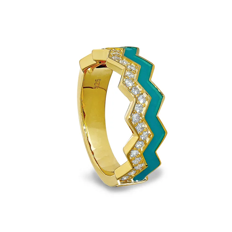 Ladies rings grit shine -Gold Vermeil Sterling Silver Micropave Ring with with Turquoise Enamel and Simulated Diamondss