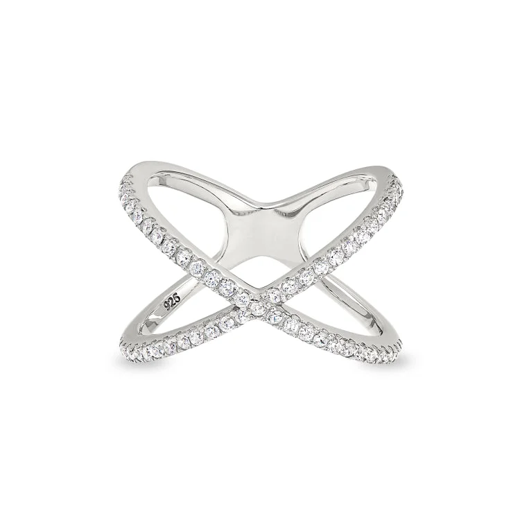 Ladies rings dual shine -Platinum Finish Sterling Silver Micropave Criss-Cross Ring with Simulated Diamonds