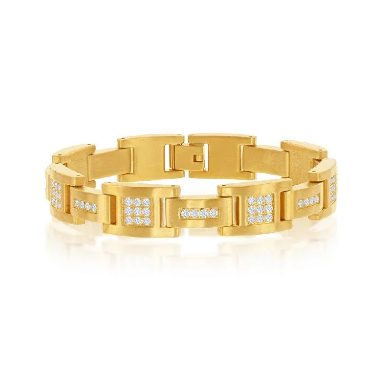 ladies bracelets eco friendly-Stainless Steel Matte Gold Plated CZ Link Bracelet, 8.5"