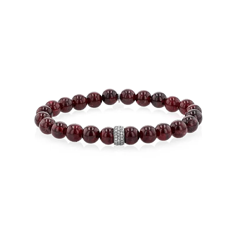 ladies bracelets handmade-Red Garnet Bead Bracelet with 3 Row Diamond Rondelle - 8mm : B0003782