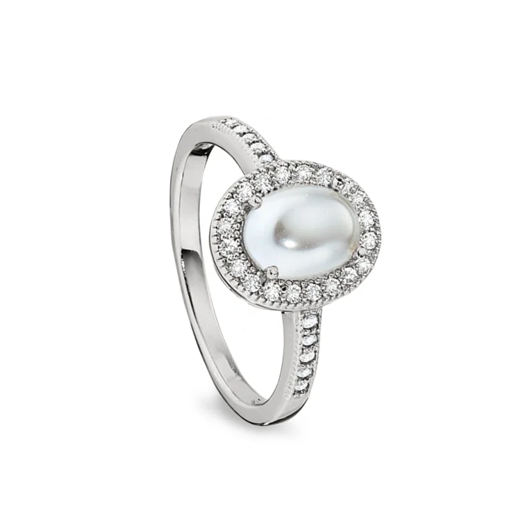 Ladies rings ray shine -Platinum Finish Sterling Silver Micropave Cabochon Cut Pearl Ring with Simulated Diamonds