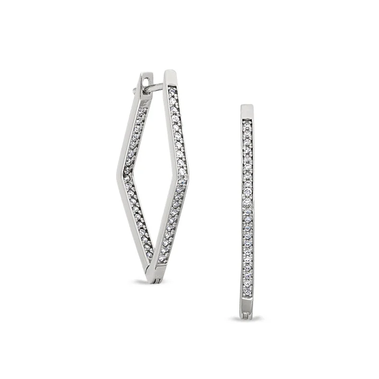 Ladies earrings flare charm -Platinum Finish Sterling Silver Micropave Diamond Shape Hoop Earrings with Simulated Diamonds