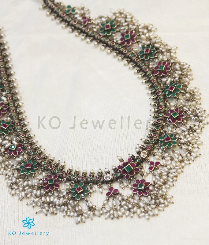 ladies necklaces symbolic-The Maya Silver Guttapusalu Necklace (Oxidised/Red&Green)