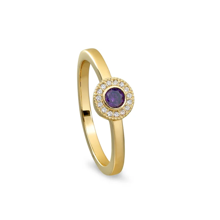 Ladies rings woof charm -Gold Finish Sterling Silver Micropave Round Simulated Amethyst Ring with Simulated Diamonds Size 6