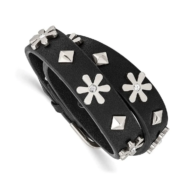 ladies bracelets water resistant-Stainless Steel Polished w/Swarovski Flower Studded Leather Adj. Bracelet