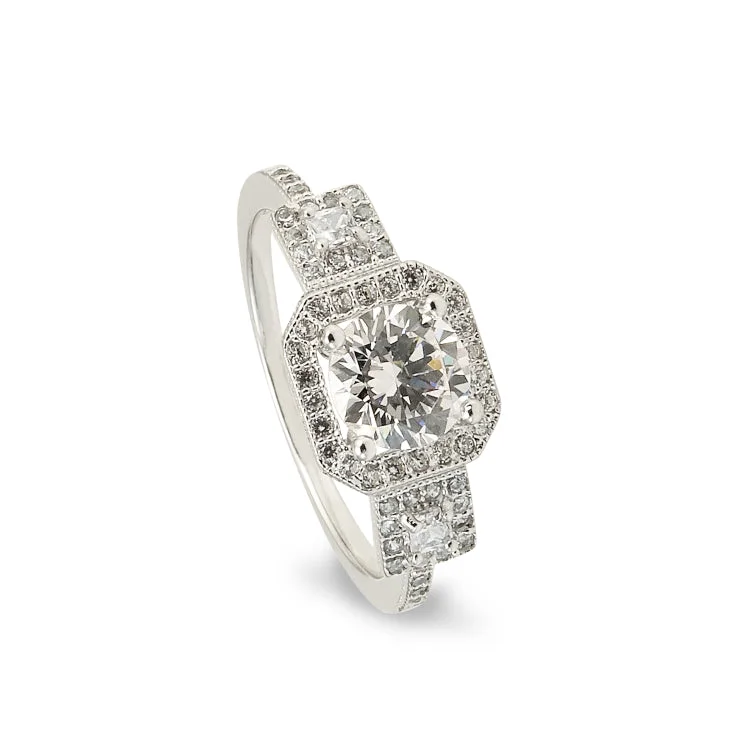 Ladies rings spark shine -Platinum Finish Sterling Silver Micropave Octagon Ring with 59 Simulated Diamonds