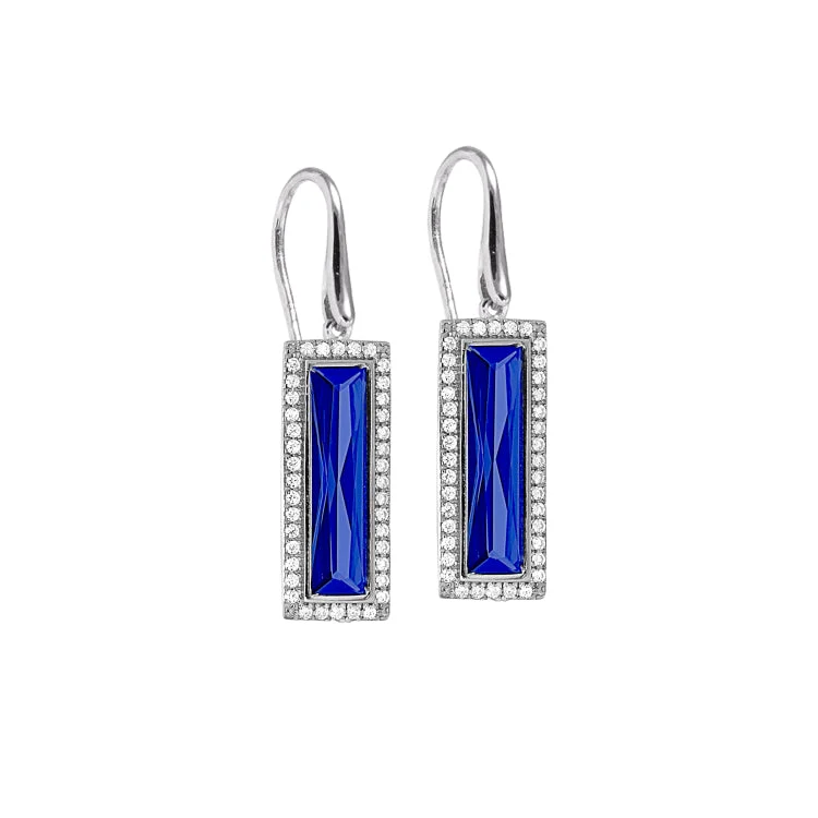 Ladies earrings chant shine -Rhodium Finish Sterling Silver Earrings with Rectangular Simulated Sapphire Stones and Simulated Diamonds