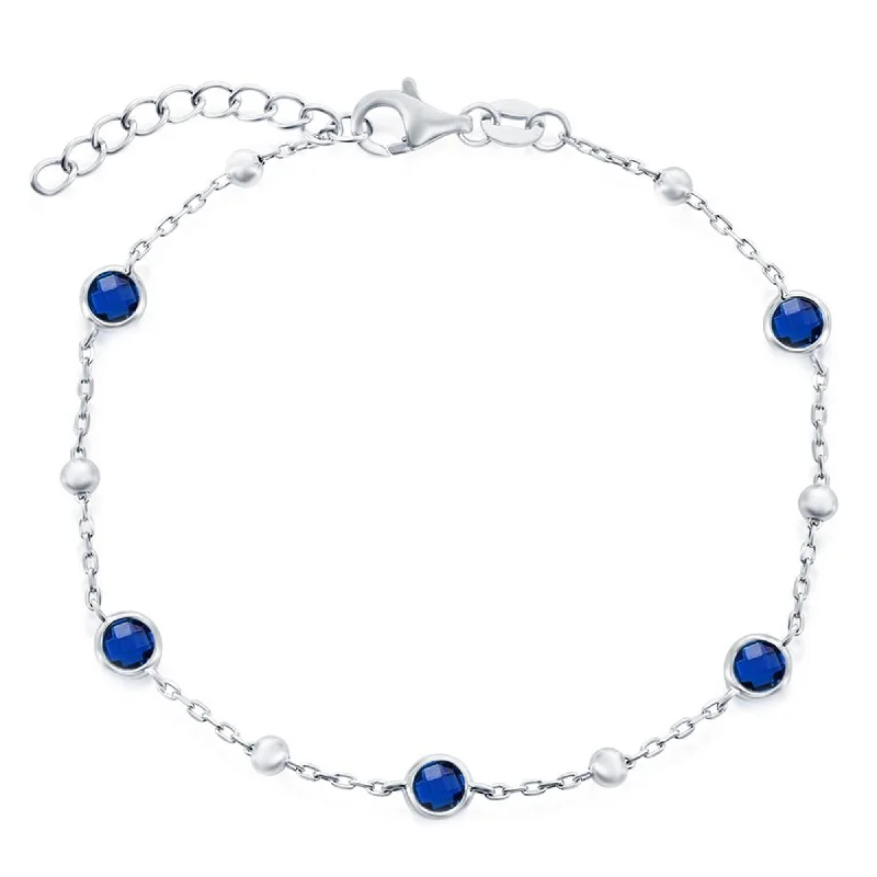 ladies bracelets oval-Classic Women's Bracelet - Sterling Silver Bezel-Set Sapphire CZ and Beads | T-8084