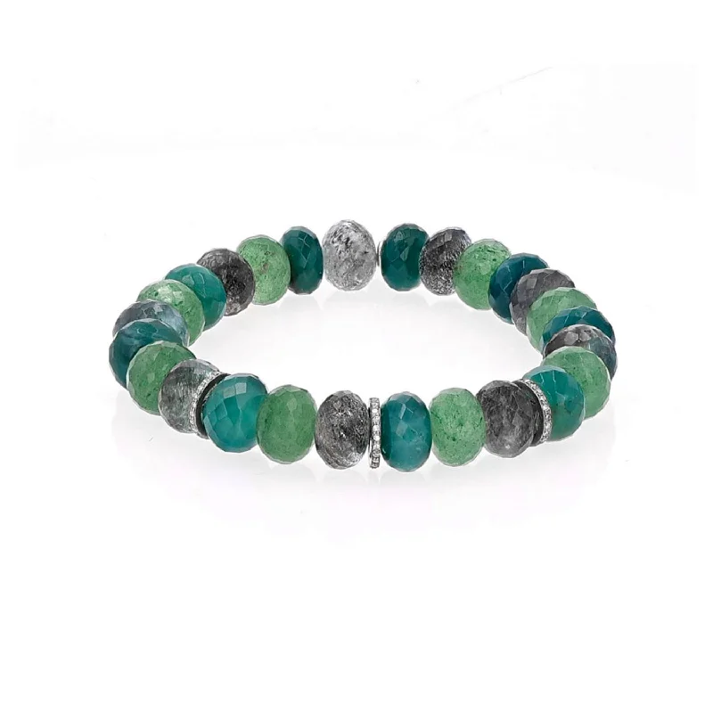 ladies bracelets styles-Green Aqua Smoky Mix Faceted Bead Bracelet with 3 Diamond Rondelles - 10mm : B0003567