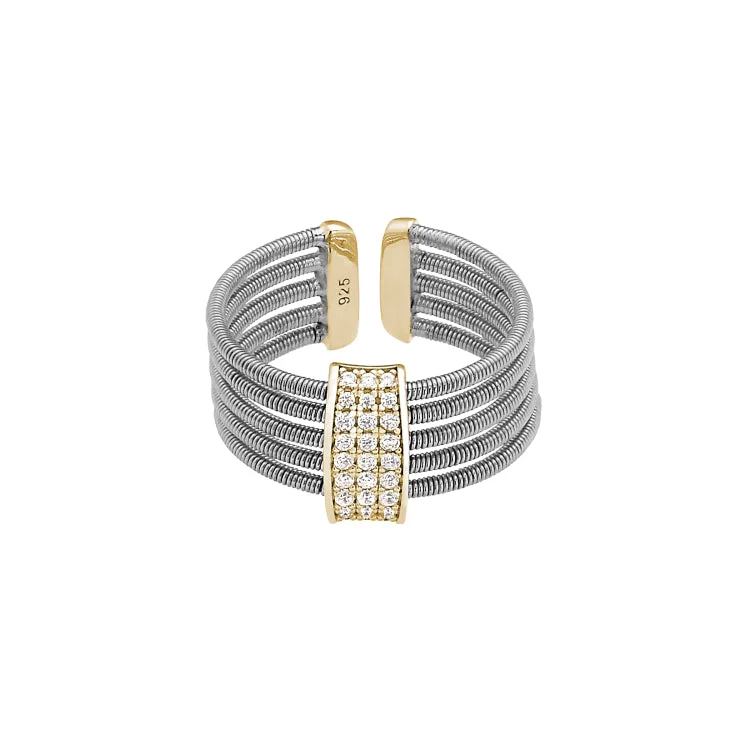 Ladies rings teardrop radiance -Rhodium Finish Sterling Silver Multi Cable Cuff Ring with Gold Finish Simulated Diamond Three Rows