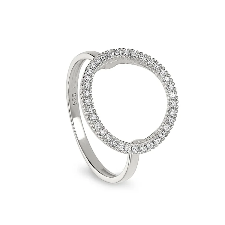 Ladies rings smoky charm -Platinum Finish Sterling Silver Micropave Open Circle Ring with Simulated Diamonds