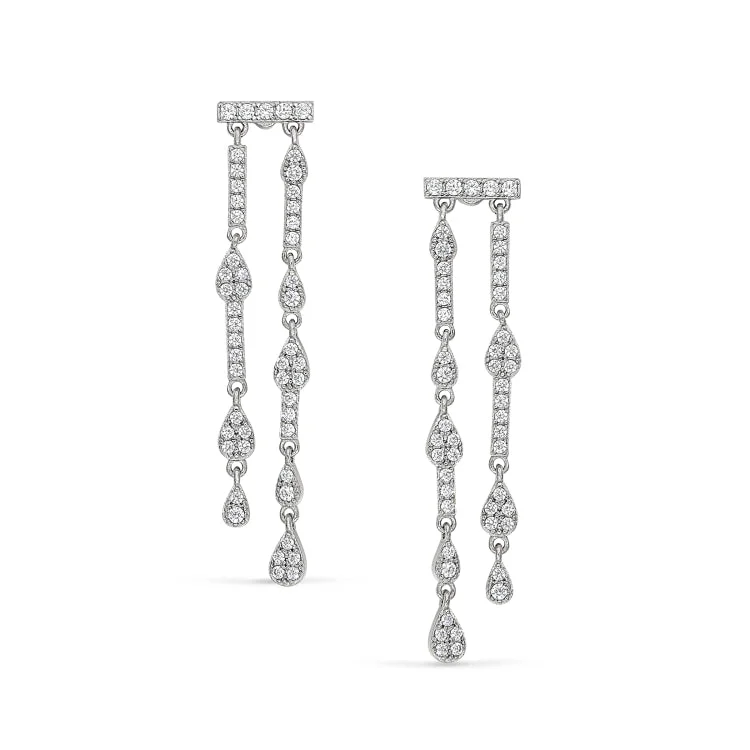 Ladies earrings best glow -Platinum Finish Sterling Silver Micropave Two Row Drop Earrings with Simulated Diamonds