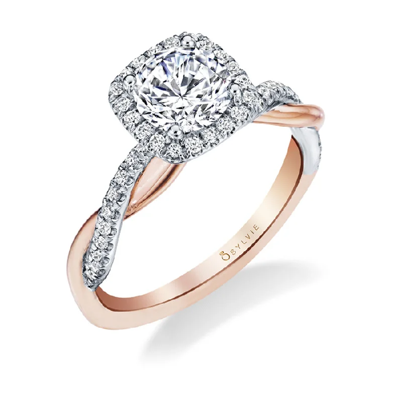 Ladies engagement rings sign shine -Sylvie Two Tone Cushion Halo Spiral Engagement Ring S1724