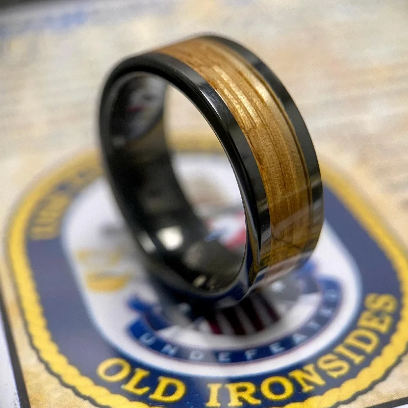 Ladies rings tiger eye glow -“Old Ironsides" 100% USA Made Black Ceramic Ring With Wood From USS Constitution Ship