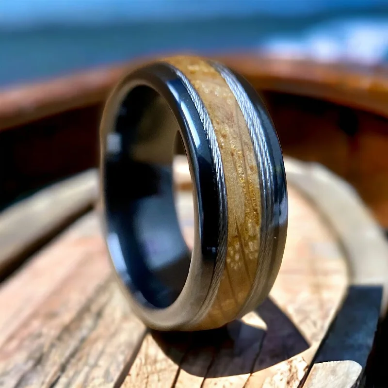 Ladies rings deco charm -“The Skipper” ✓Kentucky Bourbon Barrel Ring™✓With Fishing Line ✓Black Ceramic