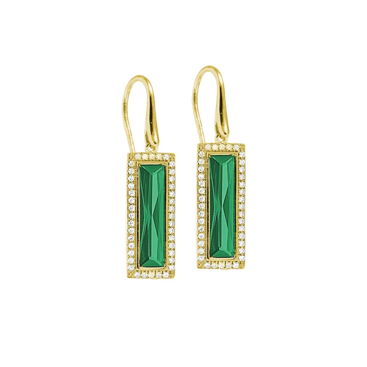 Ladies earrings fierce radiance -Gold Finish Sterling Silver Earrings with Rectangular Simulated Emerald Stones and Simulated Diamonds