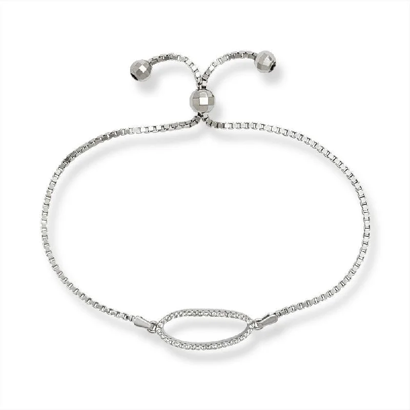 ladies bracelets celtic-Sterling Silver Center Open CZ Oval with Beads Box Chain Bracelet