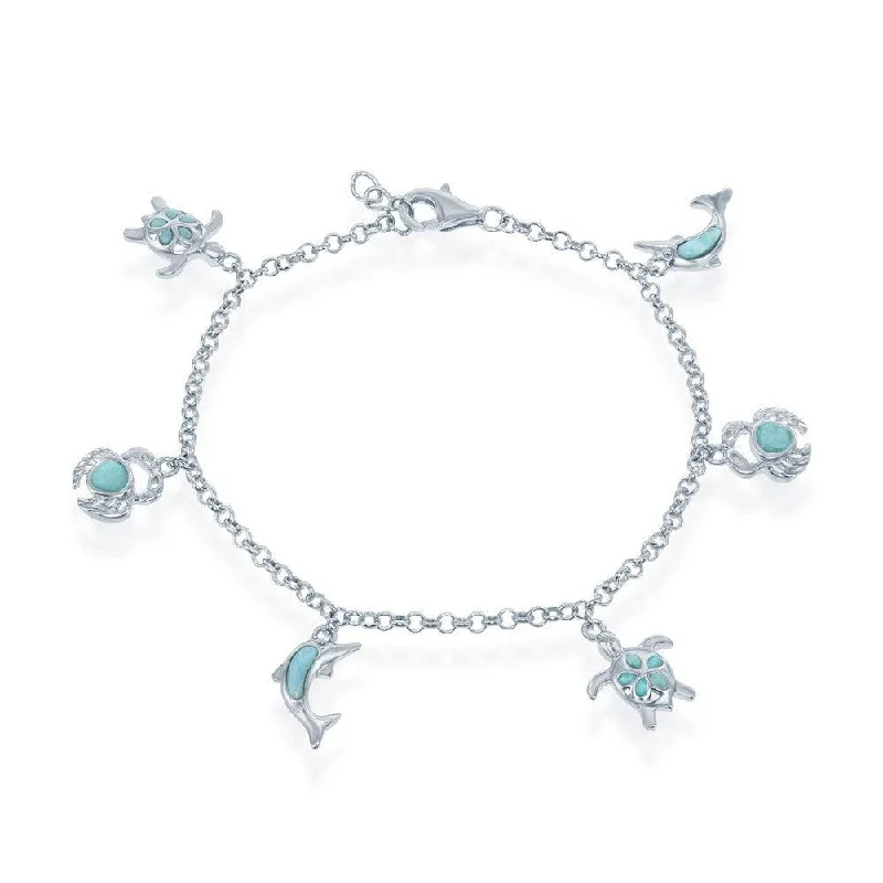 ladies bracelets classic-Sterling Silver Larimar Turtle, Crab and Dolphin Charms Bracelet