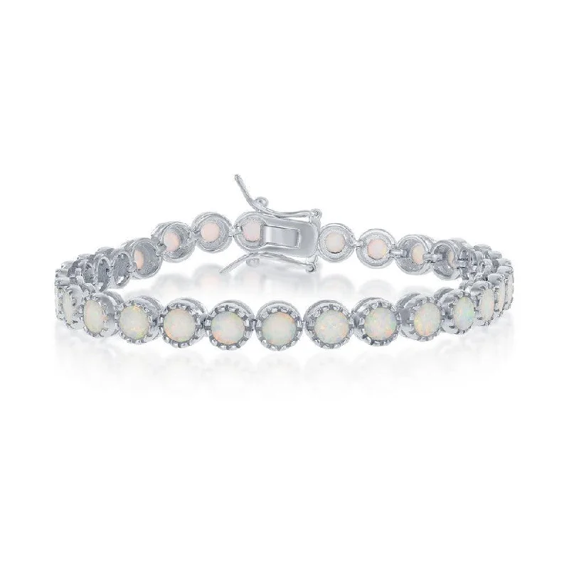 ladies bracelets auction-Sterling Silver Round White Opal with Beaded Border Bracelet