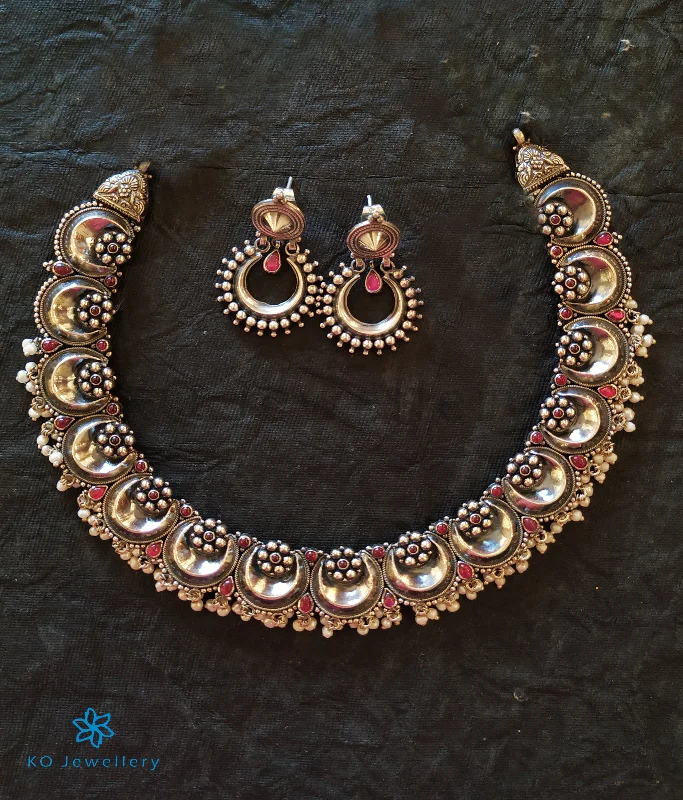 ladies necklaces romantic-The Mahika Silver Kempu Necklace (Red/Oxidised)