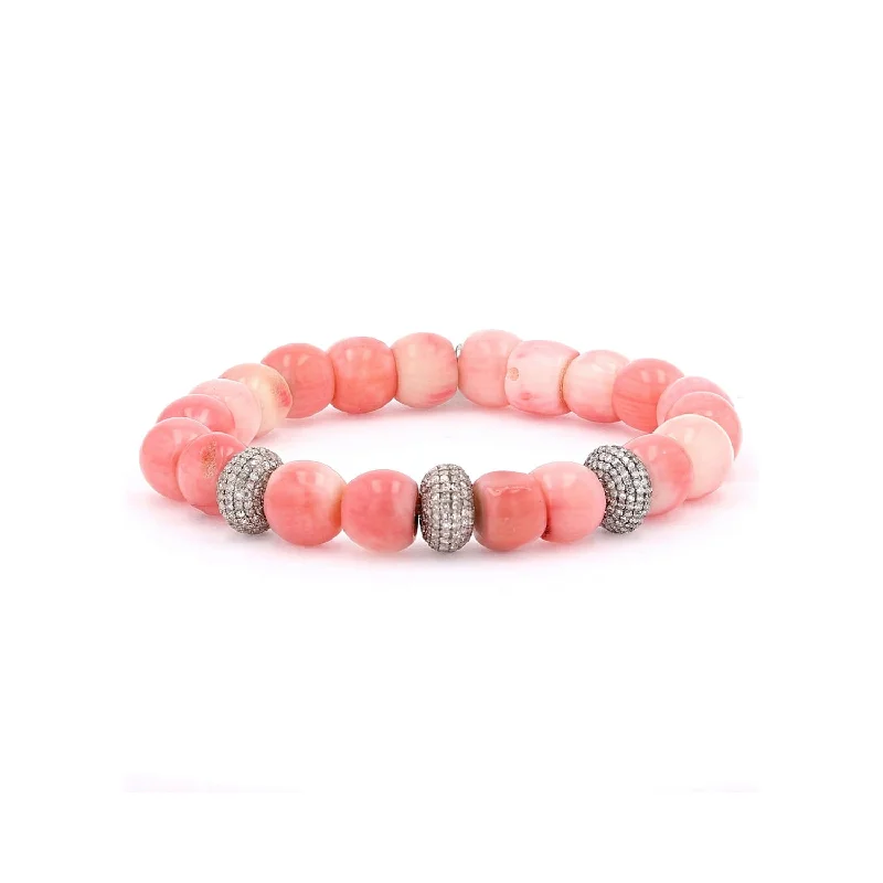 ladies bracelets metallic-Pink Coral Bracelet with Diamond Donut Beads B0003151