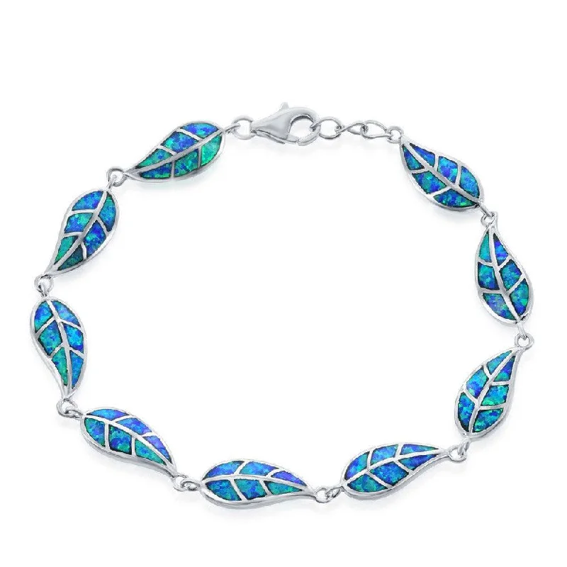 ladies bracelets summer-Sterling Silver Blue Inlay Opal Linked Leaf's Bracelet, 7.5"