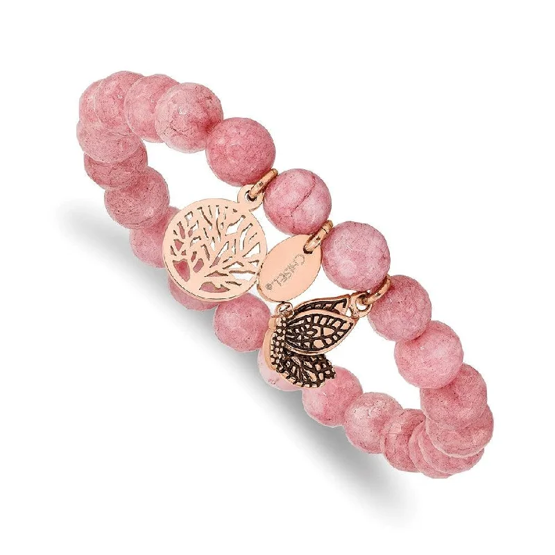 ladies bracelets silver-Stainless Steel Antiqued & Polished Rose IP Pink Dyed Jade Stretch Bracelet