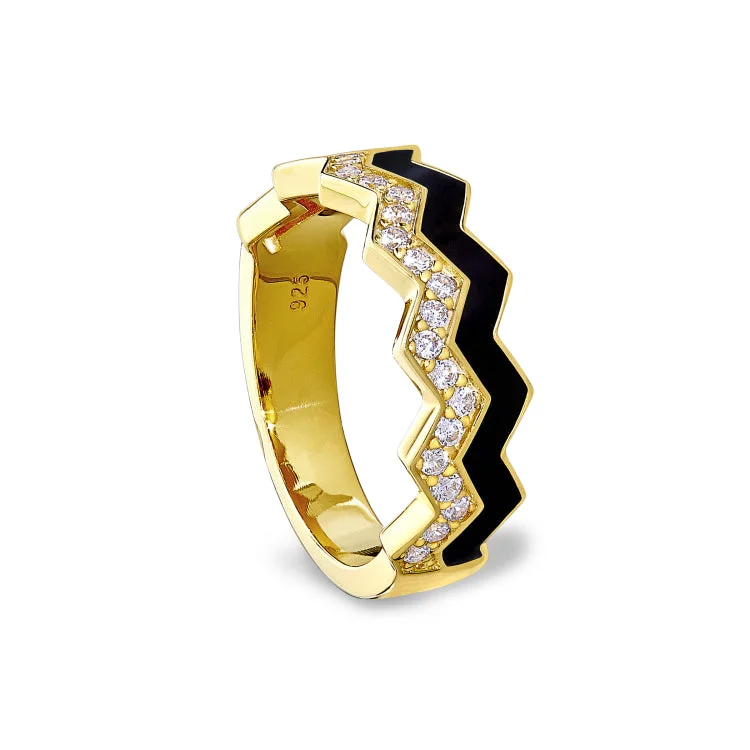 Ladies rings beam shine -Gold Vermeil Sterling Silver Micropave Ring with with Black Enamel and Simulated Diamondss