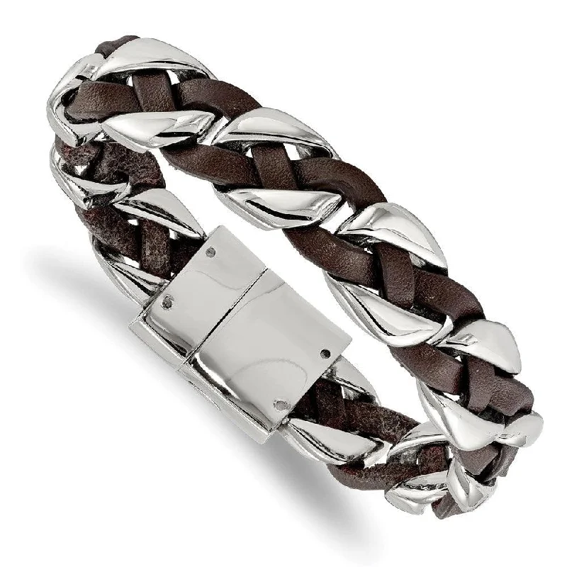 ladies bracelets birthstone-Stainless Steel Polished with Brown Leather Braided 8.5in Bracelet