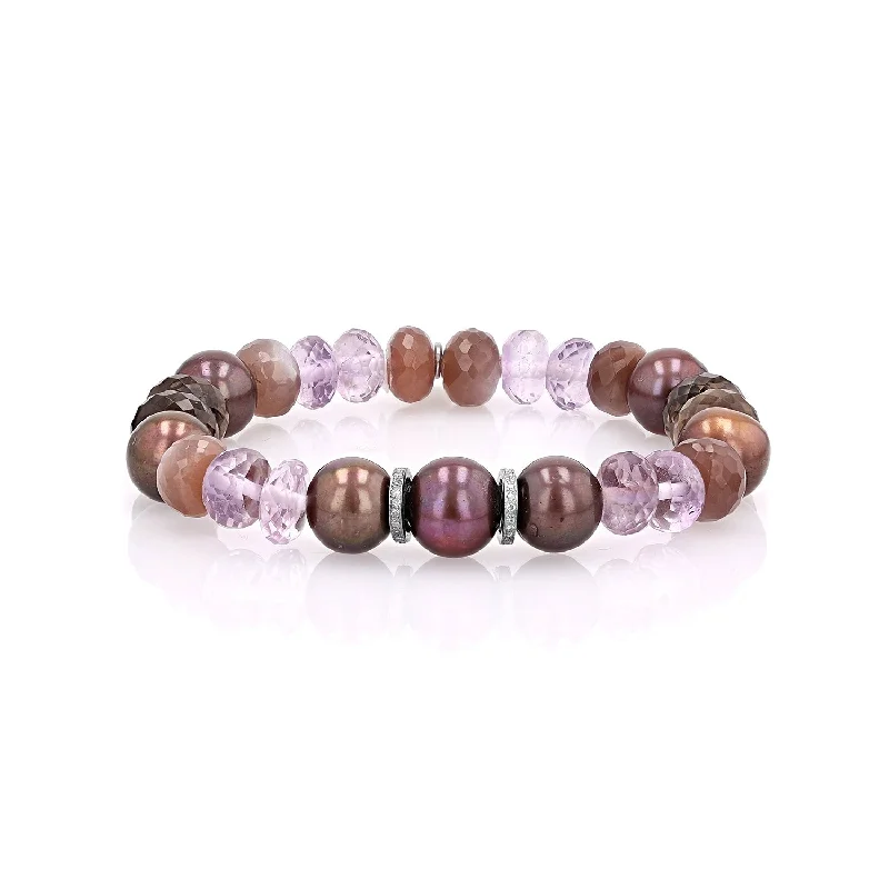 ladies bracelets birthday-Purple & Chocolate Pearl Amethyst Mix Bracelet with 2 Diamond Rondelles - 10mm : B0003813