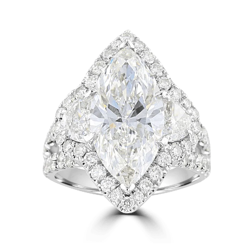 Ladies rings retro glow -18KT White Gold 7.63 CTW Diamond Marquise Halo 3 Stone Ring