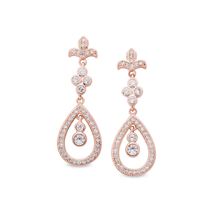 Ladies earrings pearl elegance -Rose Gold Finish Sterling Silver Micropave Fleur De Lis Teardrop Drop Earrings with 88 Simulated Diamonds