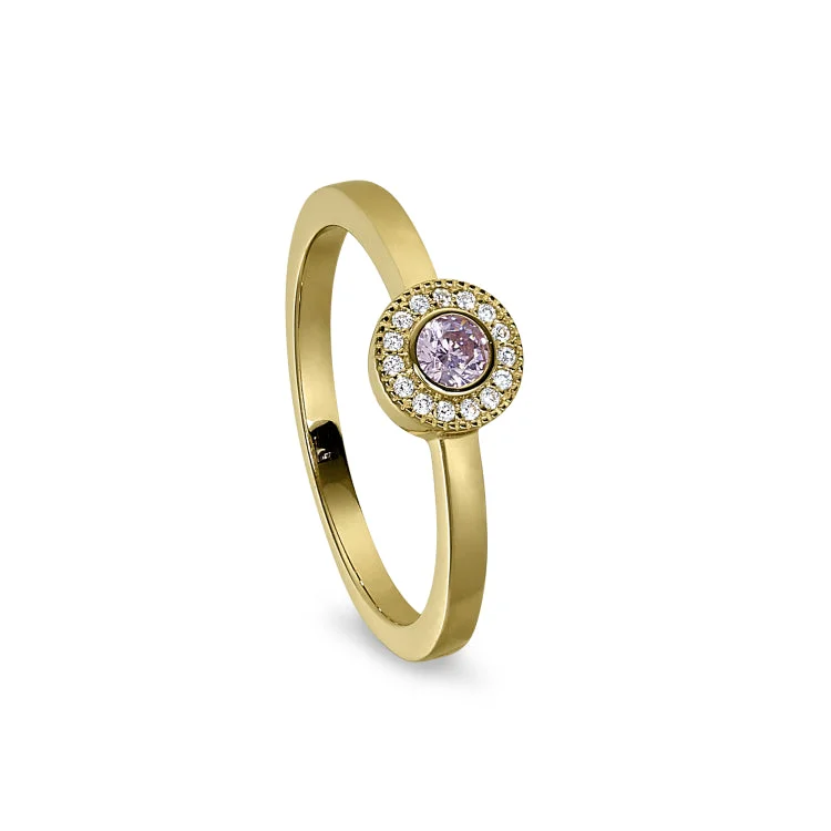 Ladies rings sleek shine -Gold Finish Sterling Silver Micropave Round Simulated Pink Sapphire Ring with Simulated Diamonds Size 9