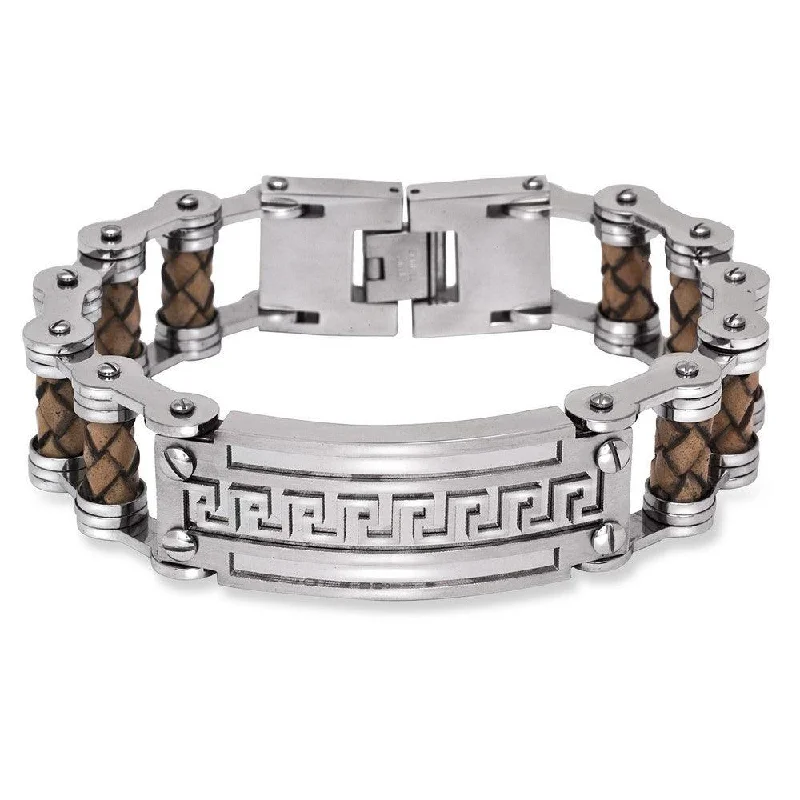 ladies bracelets wedding-Stainless Steel Wide Tan Braided Leather Greek Key Bar Bracelet