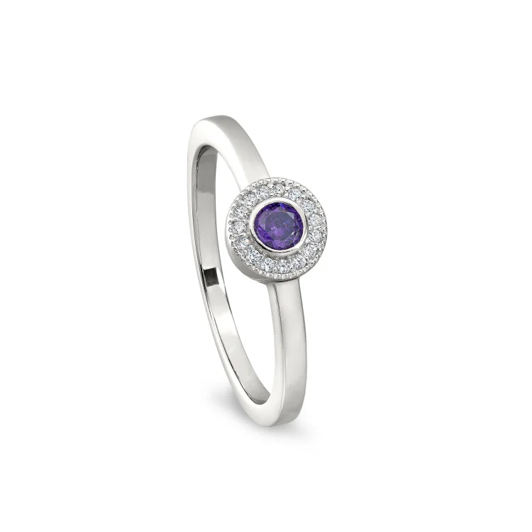 Ladies rings date radiance -Platinum Finish Sterling Silver Micropave Round Simulated Amethyst Ring with Simulated Diamonds Size 5