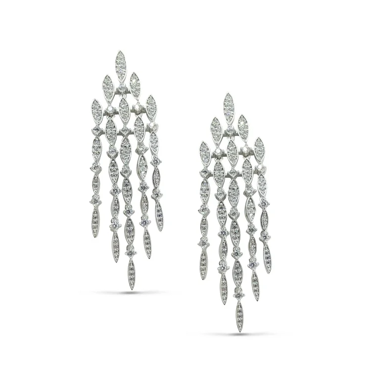 Ladies earrings near glow -Platinum Finish Sterling Silver Microwave Large Chandelier Earrings with Simulated Diamonds