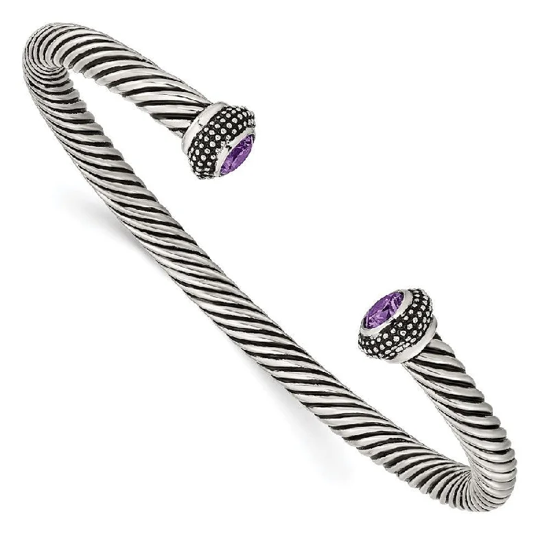 ladies bracelets stretch-Stainless Steel Polished/Antiqued Purple CZ Twisted Bracelet