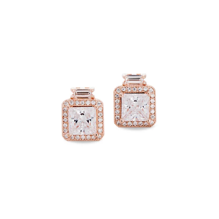 Ladies earrings jazz sparkle -Rose Gold Finish Sterling Silver Micropave Princess Cut Earrings with 52 Simulated Diamonds