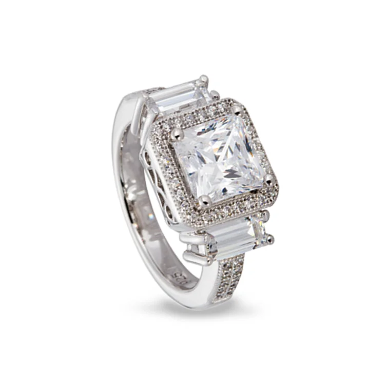 Ladies rings vivid statement -Platinum Finish Sterling Silver Micropave Princess Cut Ring with 51 Simulated Diamonds