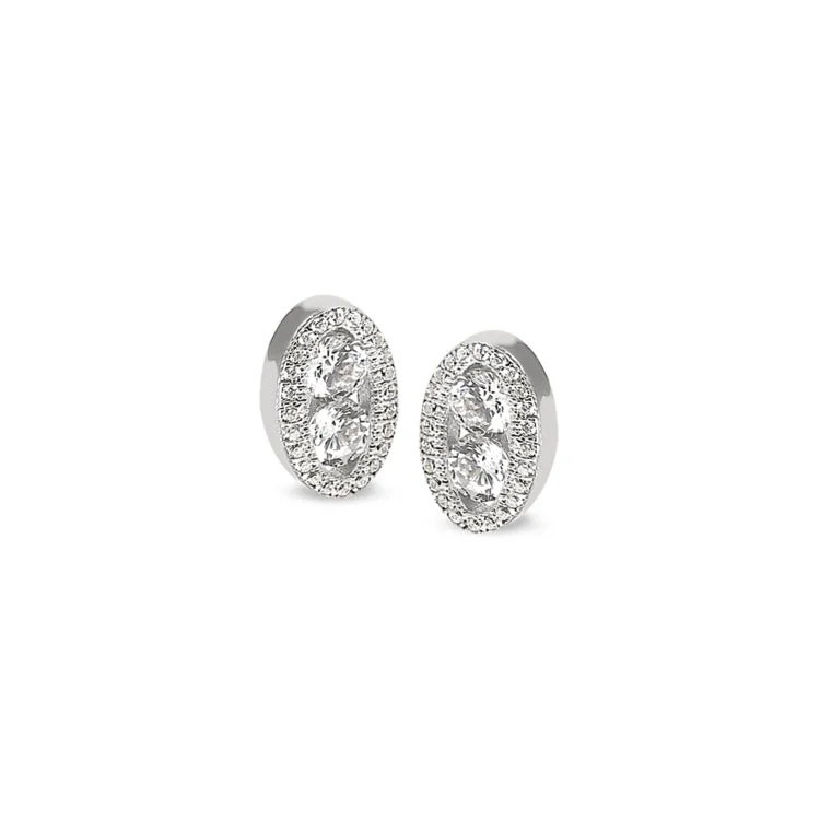 Ladies earrings good shine -Platinum Finish Sterling Silver Micropave Two Stone Oval Earrings with Two 120 Facet Simulated Daimonds