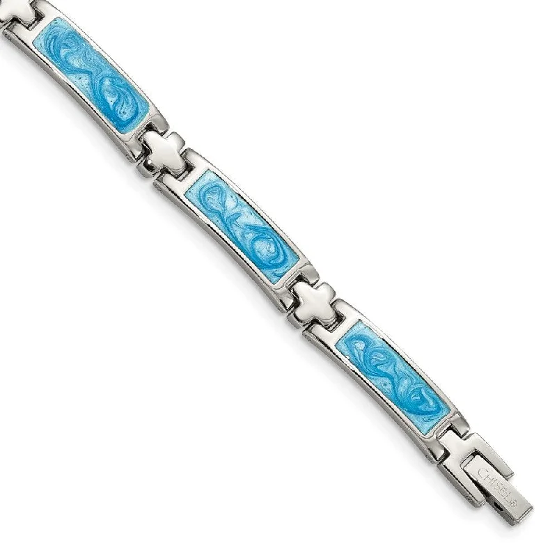 ladies bracelets work-Stainless Steel Blue Enamel 7.25in Bracelet