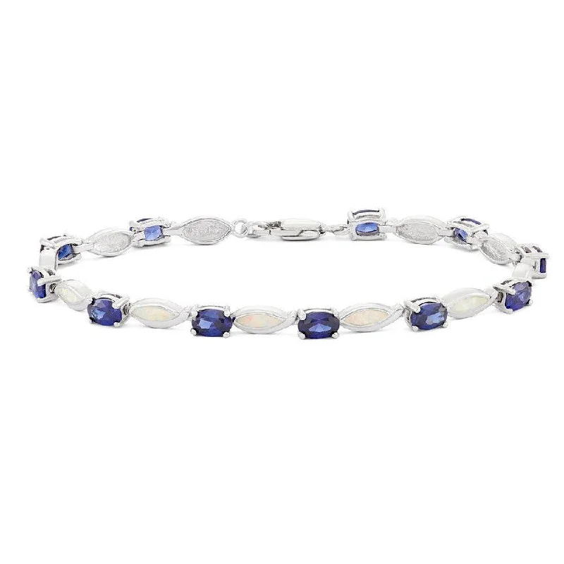 ladies bracelets birthstone-Sterling Silver Oval Tanzanite and White Inlay Opal Bracelet