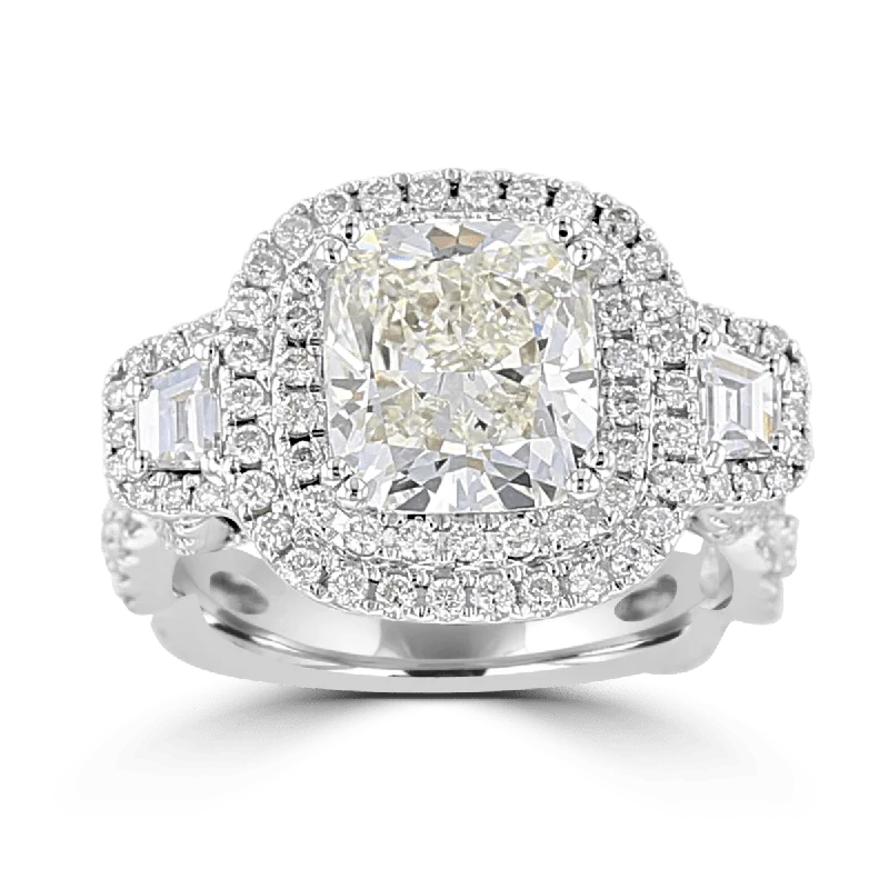 Ladies rings petal radiance -14KT White Gold 4.64 CTW Diamond 3 Stone Double Halo Ring