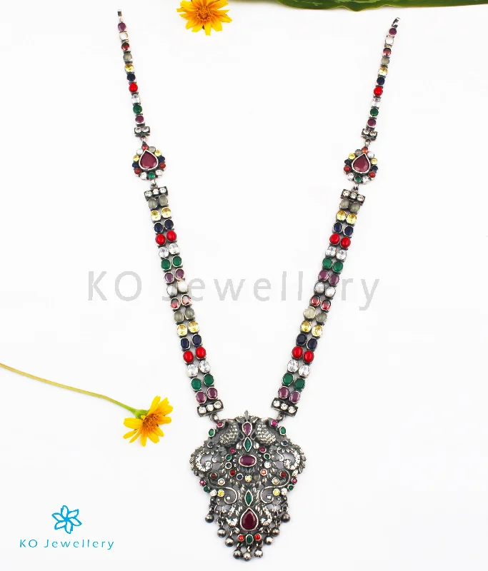 ladies necklaces lab grown-The Madhurya Silver Navaratna Peacock Necklace (Oxidised)