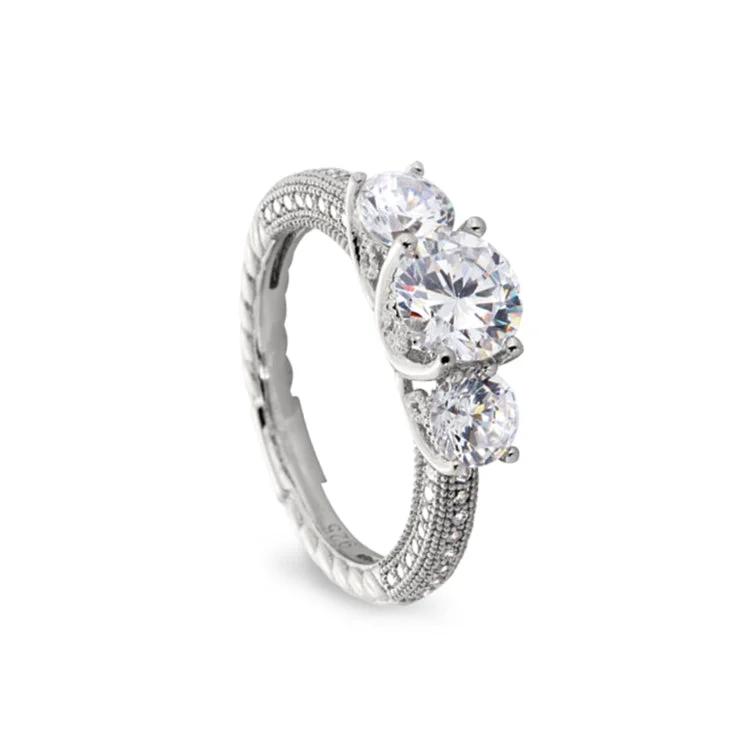 Ladies rings with luminous stones -Platinum Finish Sterling Silver Micropave Three Stone Ring with 50 Simulated Diamonds