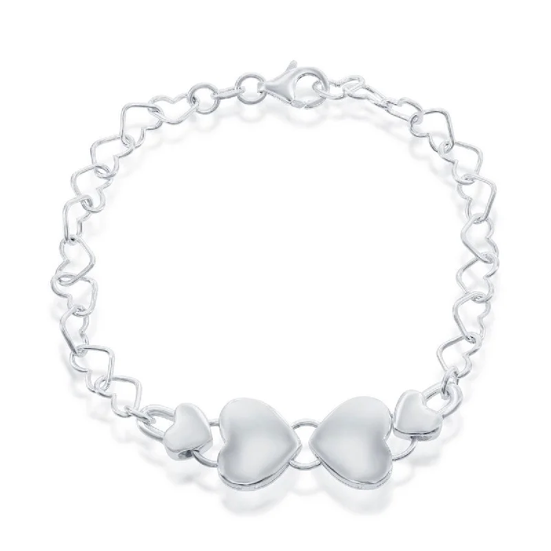 ladies bracelets silver-Classic Women's Bracelet - Sterling Silver Link with 4 Center Hearts | S-4587