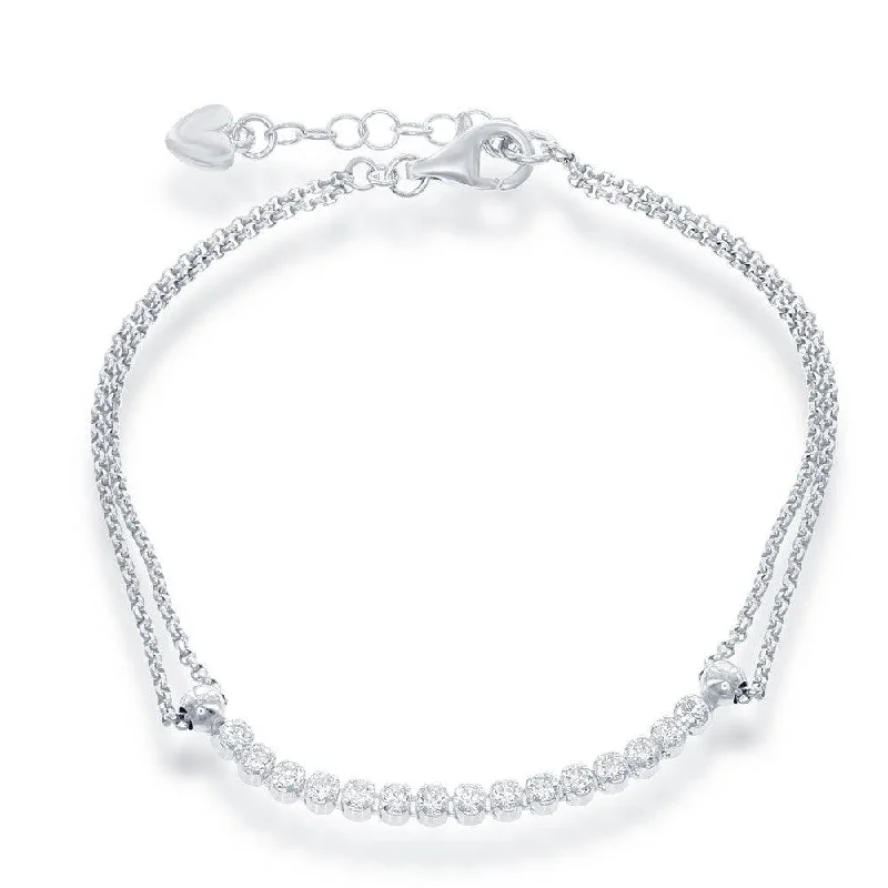 ladies bracelets ratings-Sterling Silver Double Strand with Long Thin Row of CZs Bracelet