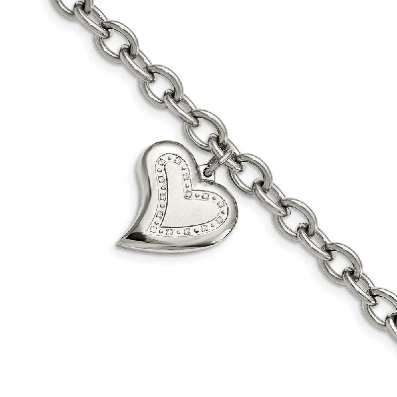 ladies bracelets maintenance-Stainless Steel CZ Heart Charm Fancy 7.5in Bracelet