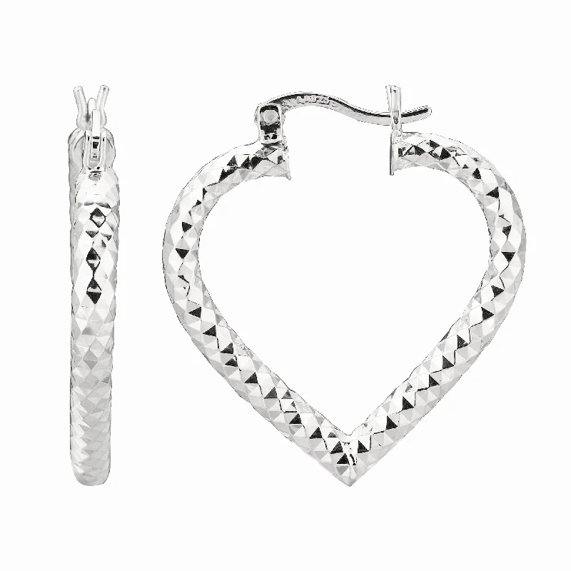 Ladies earrings hunt radiance -Silver Diamond Cut Heart Hoop Earring